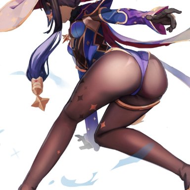 genshin impact, mona (genshin impact), mona megistus, 1girls, ass, back, breasts, bubble ass, bubble butt, clothed, female, female only, from behind, high heels, legs