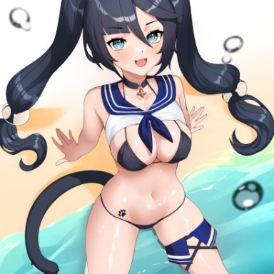 genshin impact, mona (genshin impact), ett, :d, animal ear fluff, animal ears, arm support, bare arms, bare shoulders, beach, bikini, black bikini, black choker, black hair, blue eyes