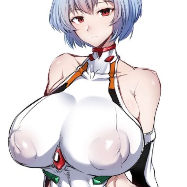 neon genesis evangelion, ayanami rei, rei ayanami, gggg, bare shoulders, blue hair, breasts, covered erect nipples, covered navel, elbow gloves, female, gloves, headgear, large breasts, leotard