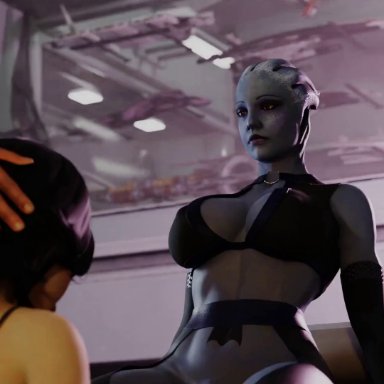 mass effect, asari, liara t'soni, miranda lawson, salamandraninja, 1futa, 1girl, alien girl, ambiguous gender, armwear, black armwear, black bra, black garter belt, black garter straps, blue skin