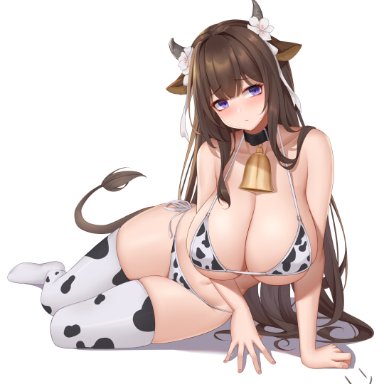 azur lane, kashino (azur lane), wei xiao, 1girls, big breasts, blush, breasts, brown hair, collar, cow ears, cow girl, cow horns, cow print bikini, cow print thighhighs, cow tail