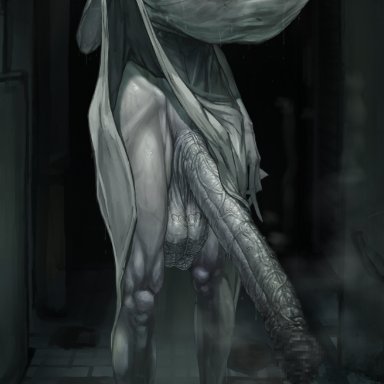 creepypasta, japanese mythology, hasshaku-sama, canvassolaris, 1futa, black hair, dickgirl, dress, dress lift, futanari, gigantic breasts, gigantic penis, heels, huge balls, huge breasts