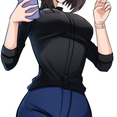 samsung, samsung sam, devilukez, black shirt, blue eyes, blue pants, blush, brown hair, female, heart, holding phone, pants, phone, smile, tight pants