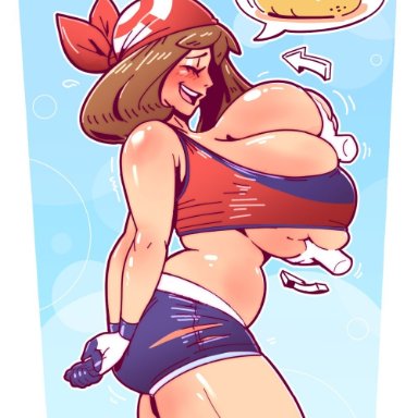 pokemon, may (pokemon), heyitsnumber5, alternate breast size, barely contained, belly, big butt, big thighs, closed eyes, female, female focus, fondling, gigantic breasts, happy, huge breasts