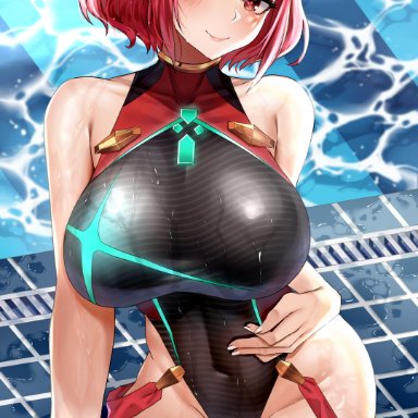 nintendo, xenoblade (series), xenoblade chronicles 2, pyra, piukute062, 1girls, armpit crease, arms by side, bangs, bare legs, black swimsuit, blush, blushing at viewer, breasts, cameltoe