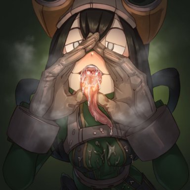 my hero academia, tsuyu asui, shibayamamohu, 1girls, black hair, breasts, cum, cum in mouth, cum on breasts, cum on clothed, female, gloves, hero outfit(mha), long hair, long tongue