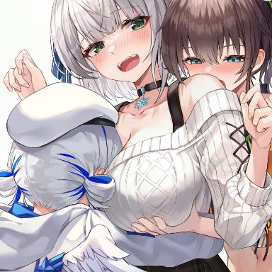 hololive, amane kanata, natsuiro matsuri, shirogane noel, myung yi, 3girls, big breasts, blush, breast grab, breast hold, breast smother, breasts, busty, clothed, clothed female