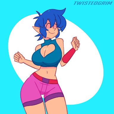 emi (twistedgrim), twistedgrim, 1girls, ass, bare shoulders, belly, belly button, belt, big ass, big breasts, big butt, blue hair, breasts, butt, clothed