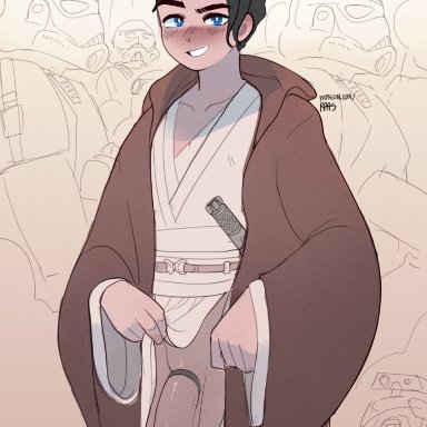 star wars, jedi, r2-d2, stormtrooper, ra4s, big penis, blush, cock ring, exhibitionism, femboy, jedi knight, no underwear, public, robe, showing off