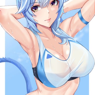 genshin impact, eula (genshin impact), noise paper, 1girls, armpits, blue hair, blush, breasts, busty, cat ears, cat tail, catgirl, cleavage, female, female only