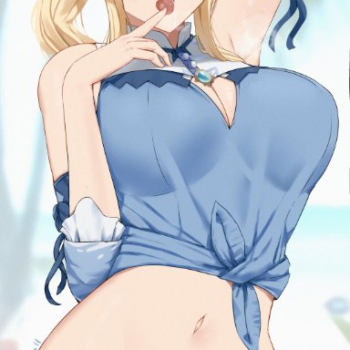 genshin impact, jean gunnhildr, nvl, 1girls, armpits, beach, belly, belly button, blonde hair, blue eyes, breasts, cleavage, clothed, female, female only