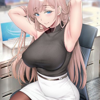 original, gentsuki, 1girls, armpits, arms behind head, arms up, belt, blue eyes, blurry, blurry background, breasts, brown hair, chair, clothed, clothing