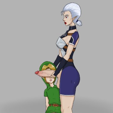 the legend of zelda, impa (ocarina of time), link, rolovo, 1boy, 1futa, balls, balls under clothes, blonde hair, breasts, clothed, clothing, crotchless, dickgirl/male, drooling