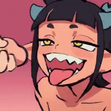 original, myphia (colo), original character, colo, 1boy, 1girls, awaiting facial, cum, cum in mouth, cum inside, cum on face, cumshot, facial, masturbation, pointy teeth