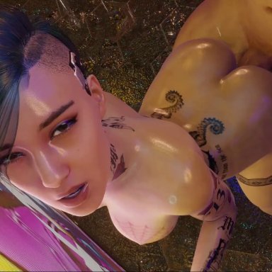 cd projekt red, cyberpunk 2077, judy alvarez, echiee, evilaudio, 1boy, 1girls, ass jiggle, bouncing ass, doggy style, doggystyle, eye contact, green hair, jiggling ass, jiggling breasts