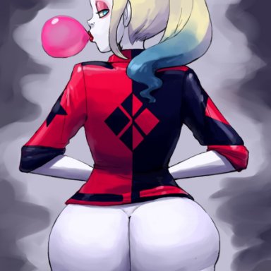 batman (series), dc, harley quinn (series), harley quinn, outta sync, ass, back view, bare ass, bare thighs, blonde hair, blowing bubblegum, blue eyes, bubble gum, curvy, curvy ass