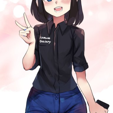 samsung, samsung sam, hinghoi, 1boy, ;d, androgynous, black shirt, blue eyes, blue shorts, blush, brown hair, bulge, cellphone, femboy, genderswap (ftm)