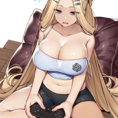 azur lane, playstation 4, bunker hill (azur lane), exe (xe), xe (execut3r), bare shoulders, black shorts, blonde hair, breasts, cleavage, controller, female, folded hair, game console, game controller