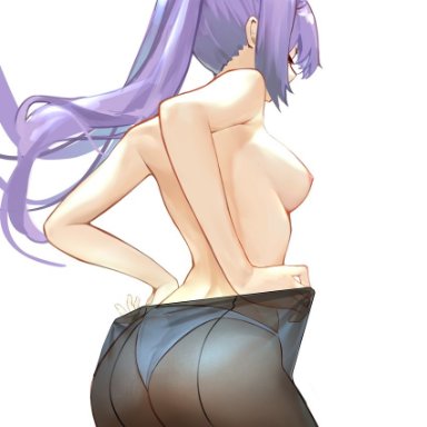 genshin impact, keqing (genshin impact), c-ongc, ass, bare arms, black legwear, braid, breasts, closed eyes, cowboy shot, female, hair bun, medium breasts, panties, panty pull