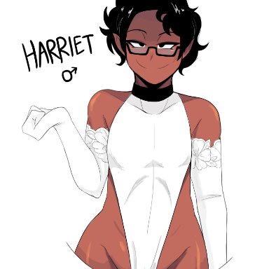 harriet, original character, androjuniarto, androgynous, crossdressing, dark-skinned male, dark skin, femboy, glasses, large hips, looking at viewer, male, male only, pointy ears, smirk