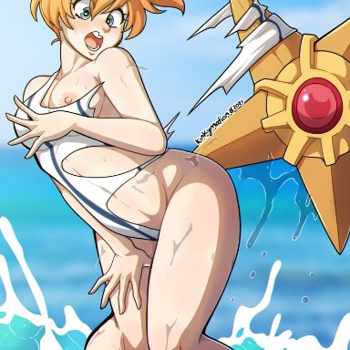 nintendo, pokemon, pokemon (game), pokemon rgby, gym leader, kasumi (pokemon), misty (pokemon), staryu, kinkymation, adapted costume, asymmetrical hair, bare legs, blush, breasts, covering