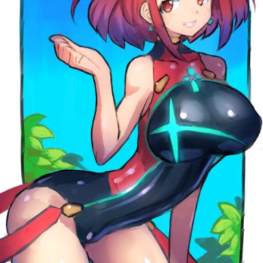 nintendo, xenoblade (series), pyra, binelu01, 1girls, big breasts, bob cut, female only, light skin, red eyes, red hair, swimsuit