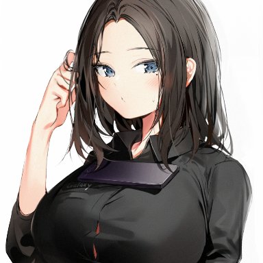 samsung, samsung galaxy, samsung sam, silver (chenwen), 1girls, bare arms, black clothing, blue eyes, blush, breast hold, breasts, brown hair, button gap, clothed, clothing