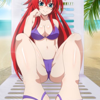 high school dxd, rias gremory, san, zorzero, ahoge, beach, bikini, blue eyes, blush, breasts, cameltoe, chair, cleavage, feet, female