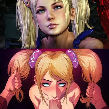 lollipop chainsaw, juliet starling, triplexmile, 1boy, 1girls, :&gt;=, areolae, before and after, big breasts, big lips, blonde hair, blowjob, blowjob face, blue eyes, breasts