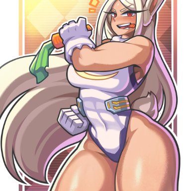 my hero academia, miruko, rumi usagiyama, sagas, 1girls, bare thighs, carrot, leotard, long hair, muscular female, rabbit ears, rabbit tail, red eyes, superheroine, thick