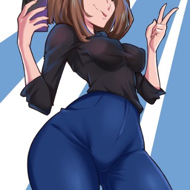 samsung, samsung sam, bayeuxman, black shirt, blue eyes, blue pants, breasts, brown hair, covered nipples, female, female only, heart, holding phone, impossible clothes, looking at viewer