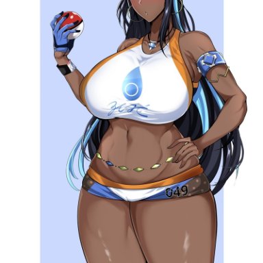 nintendo, pokemon, pokemon ss, nessa (pokemon), owner (artist), 1girls, armpits, bare shoulders, big breasts, blue eyes, blue hair, blush, breasts, earrings, female