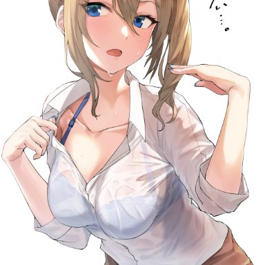 hayasaka ai, hotate-chan, 1girls, blonde hair, blue bra, blue eyes, blue underwear, bra, breasts, clavicle, cleavage, clothed, clothes, clothing, coat