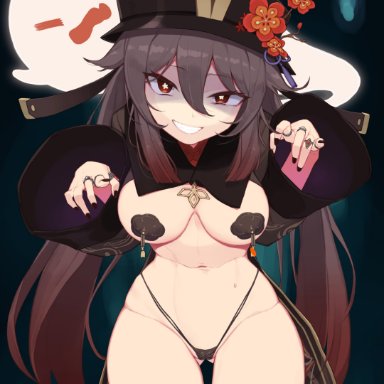 genshin impact, hu tao (genshin impact), yanje, 1girls, ass visible through thighs, breasts, brown hair, covered nipples, female, ghost, hat, looking at viewer, pasties, red eyes, smile