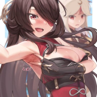 genshin impact, beidou (genshin impact), ningguang (genshin impact), padoruu, 2girls, armpit fetish, armpits, barefoot, blush, breasts, brown hair, cleavage, eyepatch, female, happy