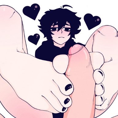 wojak comics, doomer boy, bro aniki, 2boys, black hair, close-up, feet, footjob, foreskin, gay, heart, male, male/male, male only, penis