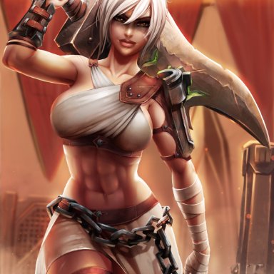 league of legends, riot games, riven, luminyu, 1futa, 1girls, abs, background, bandage, chains, clothed, clothing, female, female only, flaccid