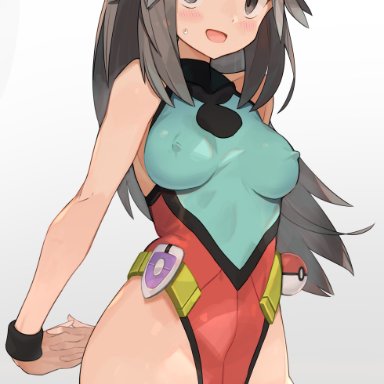 nintendo, pokemon, pokemon (game), pokemon frlg, pokemon lgpe, green (pokemon), leaf (pokemon), spring2013, 1girls, adapted costume, blush, breasts, cowboy shot, cute, embarrassed