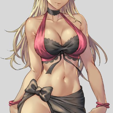 fire emblem, fire emblem: the binding blade, nintendo, dorothea arnault, igrene (fire emblem), kokuzou, 1girls, alternate costume, bikini, black bikini, blonde hair, blush, breasts, cleavage, cosplay