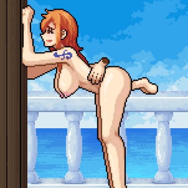 one piece, shounen jump, nami, james cabello, ambiguous penetration, barefoot, bent over, breasts, nipples, nude, orange hair, penis, sex, standing, tattoo