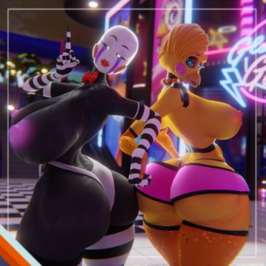 five nights at freddy's, background character, glamrock chica (fnaf), glamrock freddy (fnaf), marionette (fnaf), puppet (fnaf), toy chica (fnaf), sunr4y w0rksh0p, 2girls, animatronic, ass, avian, big breasts, black sclera, blue eyes