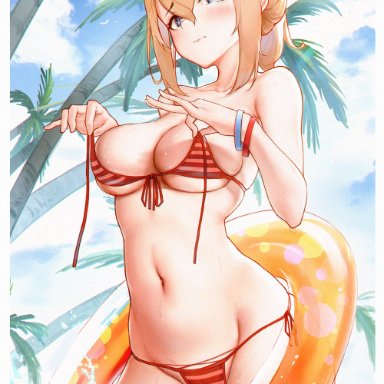 genshin impact, jean gunnhildr, l ract, bangs, bare shoulders, bikini, bird, blonde hair, blue eyes, blush, breasts, chinese commentary, day, eyebrows visible through hair, female