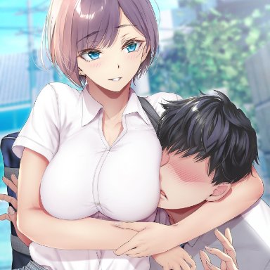 original, gentsuki, 1boy, 1girls, bag, bare arms, black hair, blue eyes, blurry, blurry background, blush, breast squish, breasts, brown hair, clothed