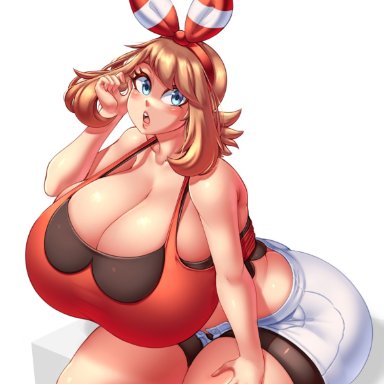 nintendo, pokemon, pokemon rse, may (pokemon), dotil, 1girls, ass, big ass, big breasts, blue eyes, breasts, brown hair, eye contact, hair ribbon, huge ass