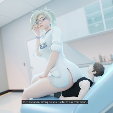 overwatch, mercy, envlight, 1boy1girl, blonde hair, doctor, giantess, no panties, sitting on lap, lowres