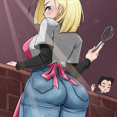 dragon ball, dragon ball z, android 18, condylonucla, apron, ass, ass focus, jeans, kitchen, kitchen utensils, looking at viewer, looking back, wife, woman, tagme