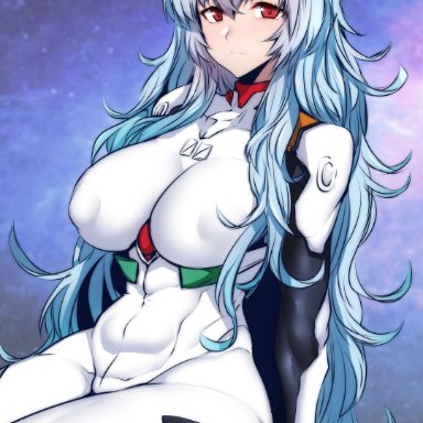 neon genesis evangelion, rebuild of evangelion, ayanami rei, rei ayanami, gggg, blue hair, blush, breasts, covered erect nipples, covered navel, female, headgear, long hair, looking at viewer, plugsuit