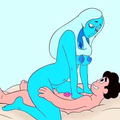 steven universe, blue diamond (steven universe), steven quartz universe, delalicious3, kaliethva, laceysx, barefoot, bed, bedroom, blue hair, blue nipples, blue skin, cowgirl position, creampie, cum in pussy