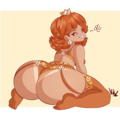 mario (series), nintendo, super mario bros., princess daisy, dullvivid, alternate skin color, ass, big ass, bra, crown, dark skin, feet, flower earrings, huge ass, orange hair