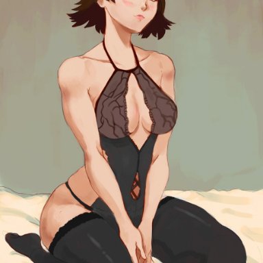 persona, persona 5, persona 5 royal, makoto niijima, thats-lewdacris, big breasts, breasts, brown hair, cleavage, female, female only, kneeling, lingerie, looking at viewer